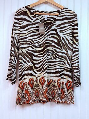 Chico's Tribal Addie Animal Print 3/4 Sleeve Knit V-Neck Top Sz 2 / Large NWT